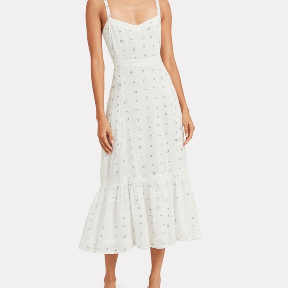 Ultra Feminine LoveShackFancy Delicate Floral Print White Cotton Midi Dress